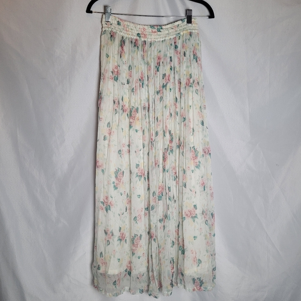 VTG Soft Girl Cottagecore Feminine Floral Maxi Skirt Size Medium Sheer Overlay